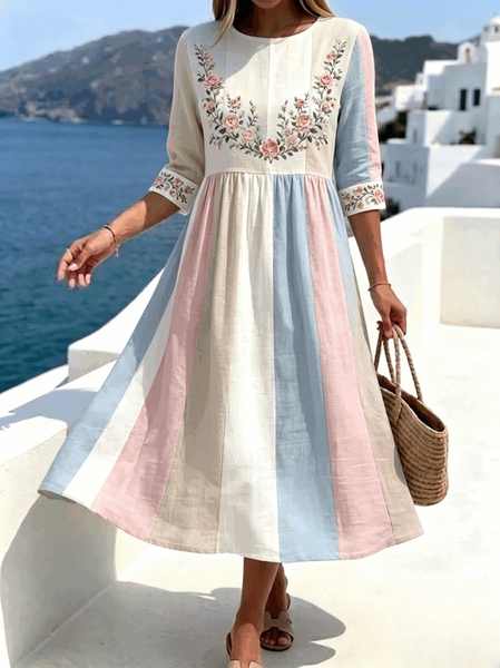 Women Floral Summer Dress Crew Neck Half Sleeve H-Line Dress