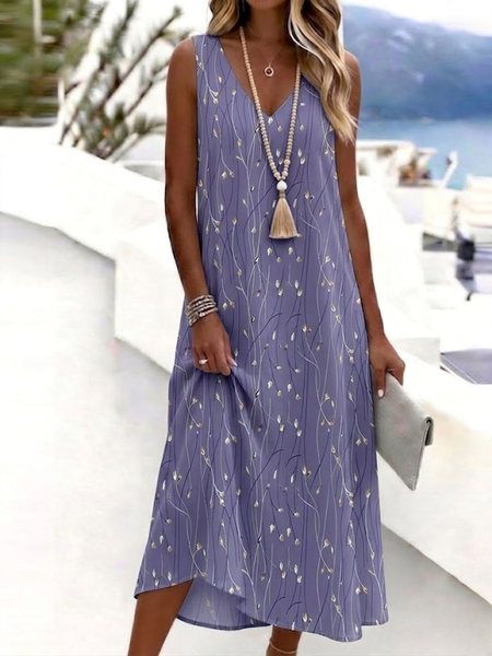 Women Floral Summer Dress V Neck Sleeveless Tank A-Line Dress