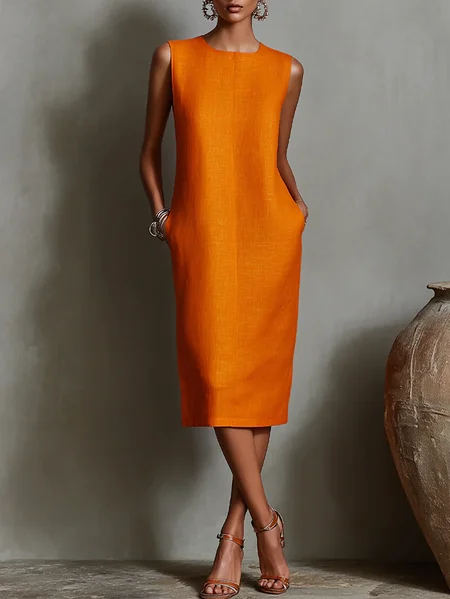 Plus Size Casual Plain Zipper Crew Neck Midi Dress
