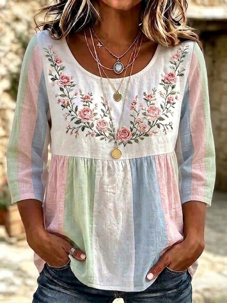 

Crew Neck Half Sleeve Floral Regular Micro-Elasticity Loose Blouse For Women, White, Blouses