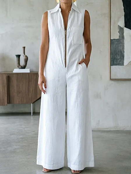 Casual Plain Shirt Cotton And Linen Jumpsuit