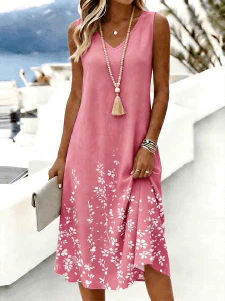 

Women Floral Summer Dress V Neck Sleeveless Tank A-Line Dress, Light pink, Dresses