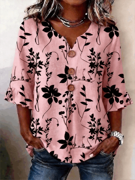 

V Neck Half Sleeve Leaf Regular Micro-Elasticity Regular Fit Blouse For Women, Pink, Blouses