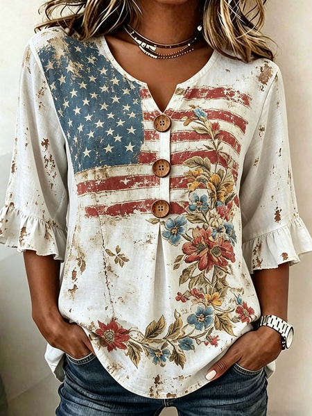 

Women 4th of July Patriotic Floral Shirt V Neck Half Sleeve Blouse Vintage Print Daily Summer Top, White, Blouses