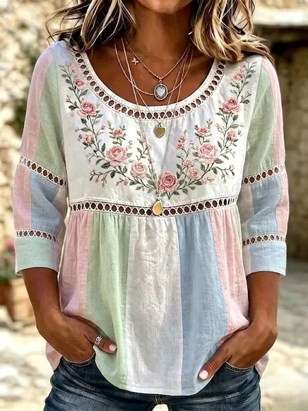 Crew Neck Half Sleeve Floral Regular Micro-Elasticity Loose Blouse For Women