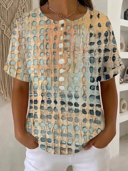 JustFashion – Women Abstract Short Sleeve Tee T-shirt Crew Neck Printing Vintage Summer Top