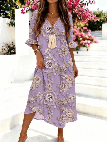 Women Floral Summer Dress V Neck Half Sleeve H-Line Dress
