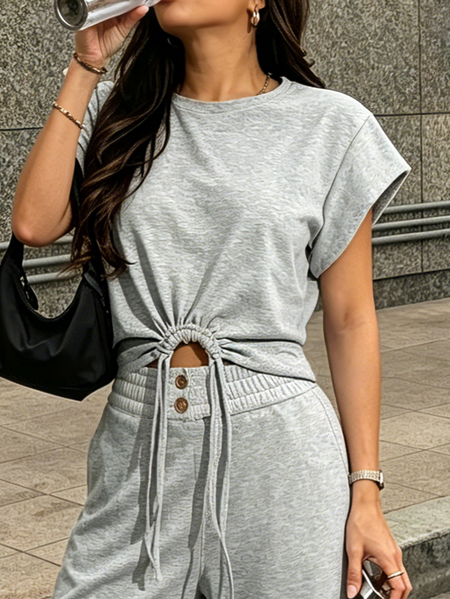 

Casual Plain Drawstring T-shirt, Gray, Tees