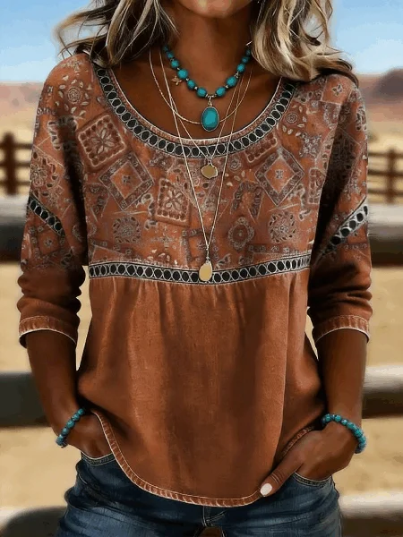 

Crew Neck Half Sleeve Geometric Regular Micro-Elasticity Loose Blouse For Women, Brown, Blouses