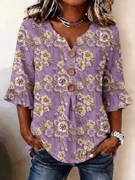 

V Neck Half Sleeve Floral Regular Regular Fit Blouse For Women, Purple, Blouses