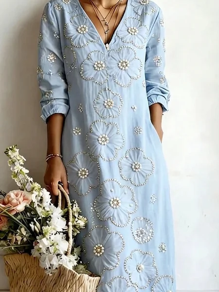 Women Floral Summer Dress V Neck Half Sleeve A-Line Dress