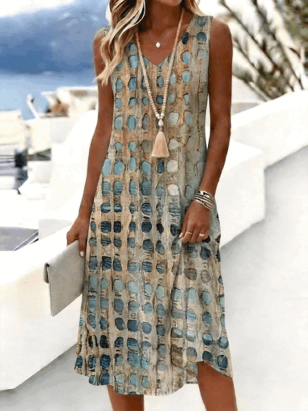 Women Abstract Summer Dress V Neck Sleeveless Tank A-Line Dress