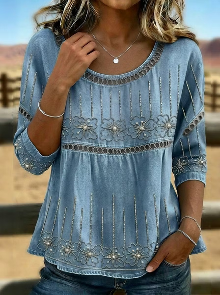 

Women Floral Crew Neck Half Sleeve Blouse Printing Casual Daily Summer Top, Blue, Blouses