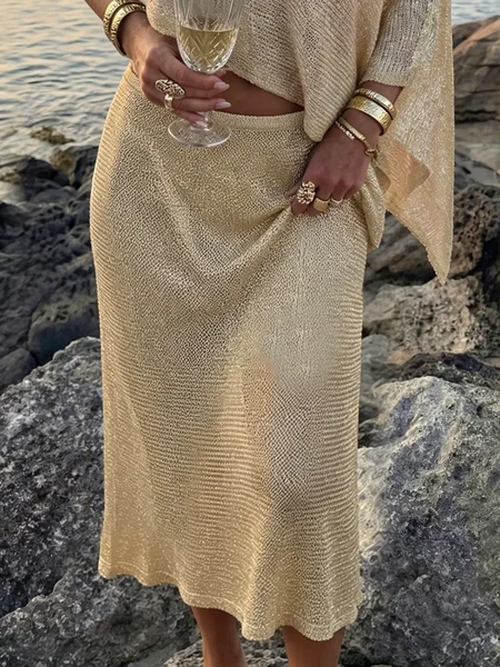 Vacation Glitter Plain Midi Skirt