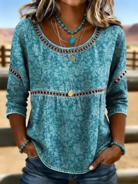 Crew Neck Half Sleeve Floral Hollow Out Regular Micro-Elasticity Loose Blouse For Women