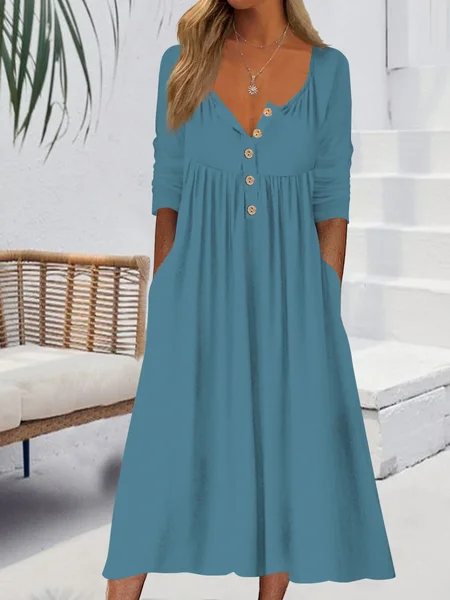 Women Plain Summer Dress Half Open Collar Half Sleeve A-Line Dress