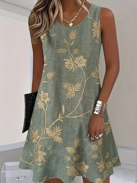 

Women Floral Summer Dress Half Open Collar Sleeveless Fit & Flare Dress A-Line Dress, Green, Dresses