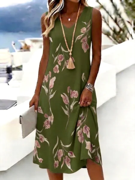 

Women Floral Summer Dress V Neck Sleeveless Tank A-Line Dress, Green, Dresses