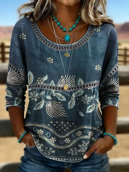 

Crew Neck Half Sleeve Floral Printing Regular Micro-Elasticity Loose Blouse For Women, Deep blue, Blouses