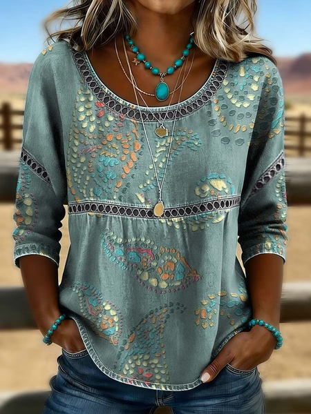 

Crew Neck Half Sleeve Abstract Printing Regular Micro-Elasticity Loose Blouse For Women, Green, Blouses