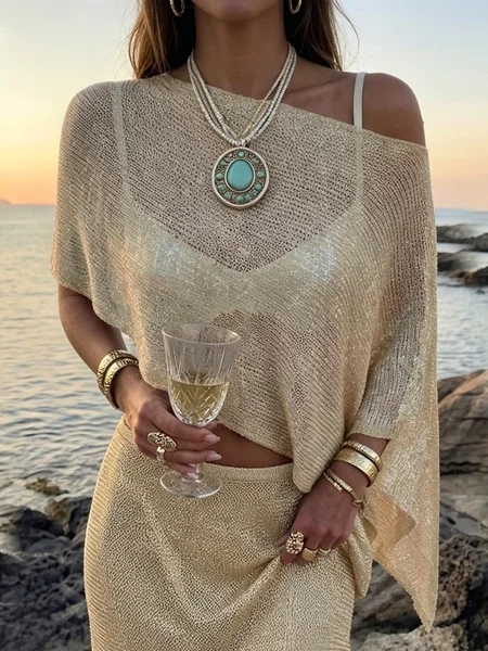 Vacation Plain Glitter Off The Shoulder Knit Top