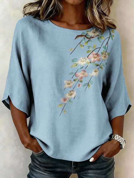 

Women Floral Crew Neck Half Sleeve Blouse Printing Vintage Daily Summer Top, Blue, Blouses