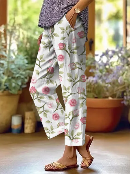 

Women Floral Long Pants Casual Spring/Fall Trousers, White, Pants