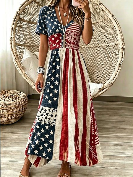 Women Spring Dress V Neck America Flag Printing Long Sleeve A-Line Dress