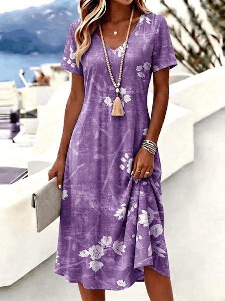 

Women Floral Summer Dress V Neck Short Sleeve A-Line Dress, Purple, Dresses