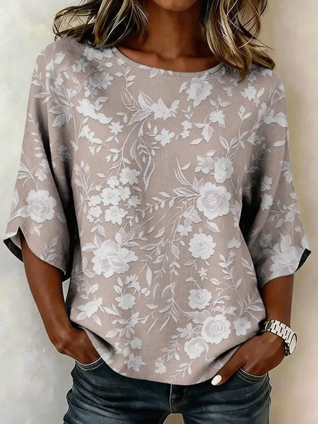 

Women Floral Crew Neck Half Sleeve Blouse Printing Vintage Daily Summer Top, As picture, Blouses