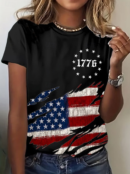 

Women Independence Day (Flag) Short Sleeve Tee T-shirt Crew Neck Printing Casual Graphic Tee Summer Top, Black, T-Shirts