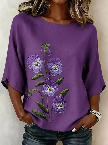Noracora – Crew Neck Half Sleeve Floral Printing Regular Micro-Elasticity Regular Fit Blouse For Women