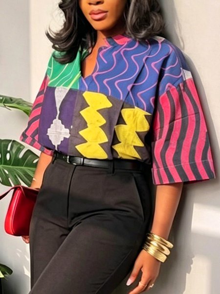 

Casual Geometric Printing Shawl Collar Blouse, As picture, Blouses and Shirts