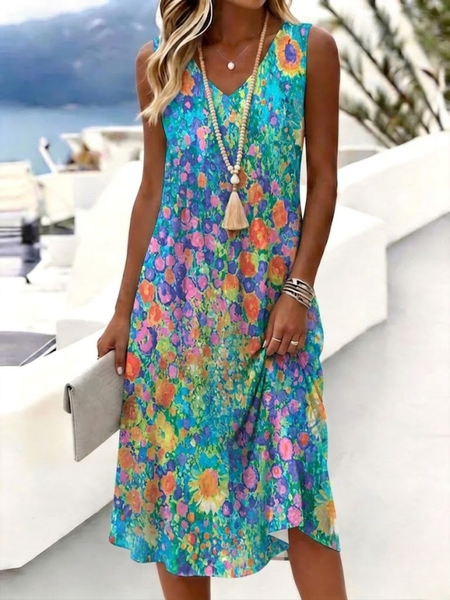 Women Floral Summer Dress V Neck Sleeveless Tank A-Line Dress
