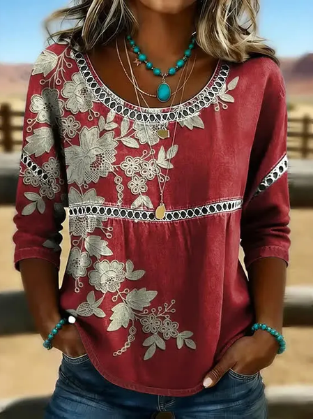 

Crew Neck Half Sleeve Floral Printing Regular Micro-Elasticity Loose Blouse For Women, Red, Blouses