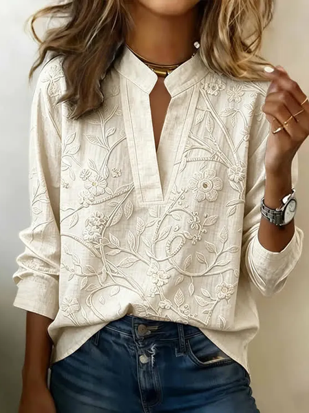 

V Neck Long Sleeve Floral Printing Regular Micro-Elasticity Regular Fit Blouse For Women, White, Blouses