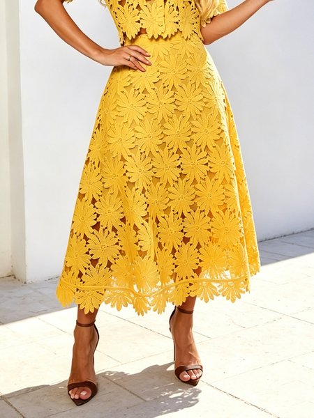 Elegant Lace Plain Midi Skirt