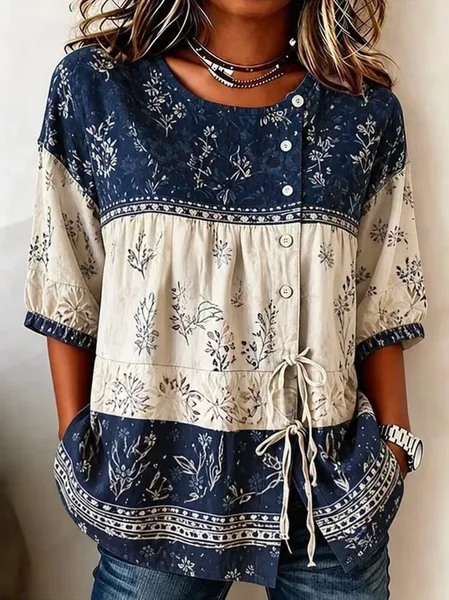 Crew Neck Half Sleeve Floral Regular Micro-Elasticity Loose Shirt For Women