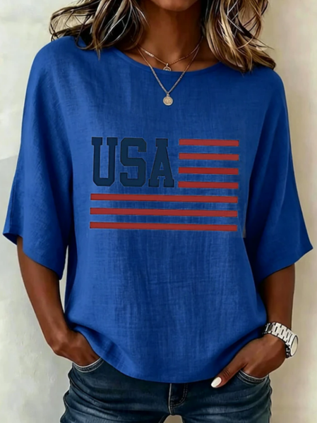 Noracora – Crew Neck Half Sleeve Independence Day (Flag) Printing Regular Micro-Elasticity Regular Fit Blouse For Women