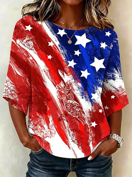 Noracora – Crew Neck Half Sleeve Independence Day (Flag) Printing Regular Micro-Elasticity Regular Fit Blouse For Women