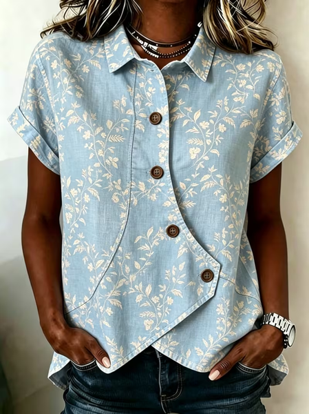 Shawl Collar Short Sleeve Floral Printing Regular Micro-Elasticity Regular Fit Shirt For Women