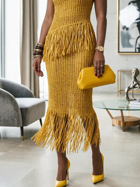 Elegant Tassel Plain Midi Skirt