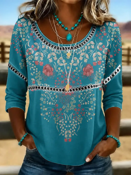 

Crew Neck Half Sleeve Floral Printing Regular Micro-Elasticity Loose Blouse For Women, Cyan, Blouses