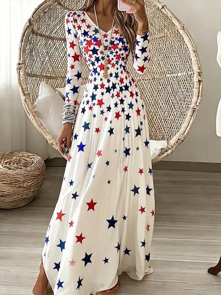 Women Geometric Spring/Fall Dress V Neck Long Sleeve A-Line Dress