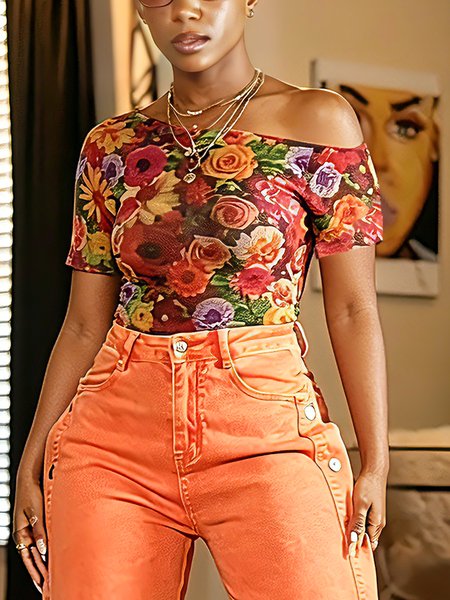 

Casual Floral Printing Asymmetrical T-shirt, As picture, Tees