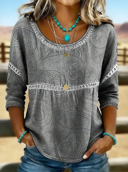 

Crew Neck Half Sleeve Paisley Printing Regular Micro-Elasticity Loose Blouse For Women, Gray, Blouses