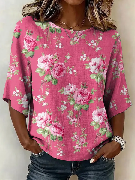 

Women Floral Crew Neck Half Sleeve Blouse Printing Vintage Daily Summer Top, Rose red, Blouses