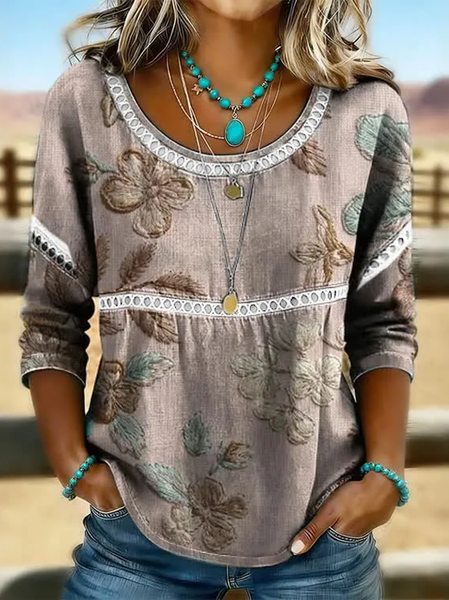 

Crew Neck Half Sleeve Floral Printing Regular Micro-Elasticity Loose Blouse For Women, As picture, Blouses