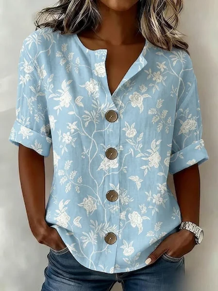Stand Collar Long Sleeve Floral Regular Loose Shirt For Women