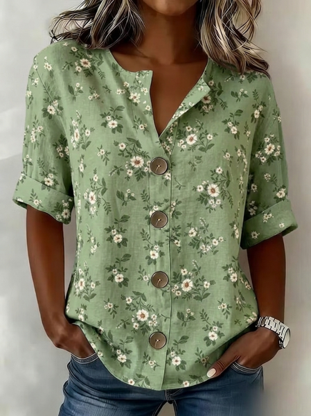 Stand Collar Long Sleeve Floral Regular Loose Shirt For Women